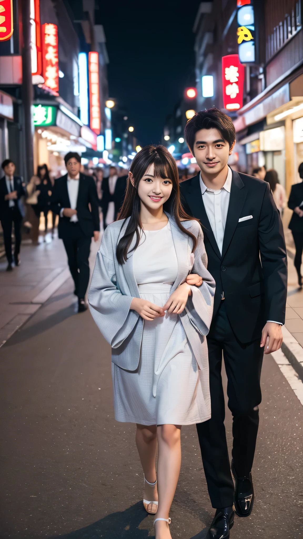 Araffe and a woman walking down a street at night - SeaArt AI