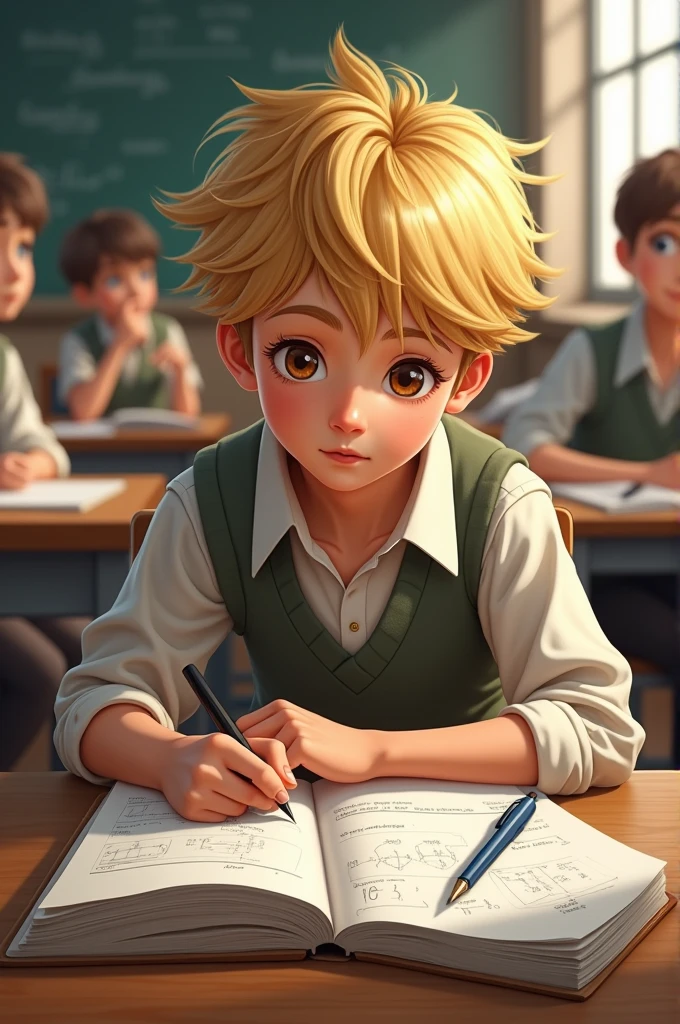 Developing cultural and intellectual skills, education according to the curricula prescribed for students , receiving information in the classroom, a close-up picture of a student with blonde hair , wearing a green uniform sitting on a school desk, performing school assignments