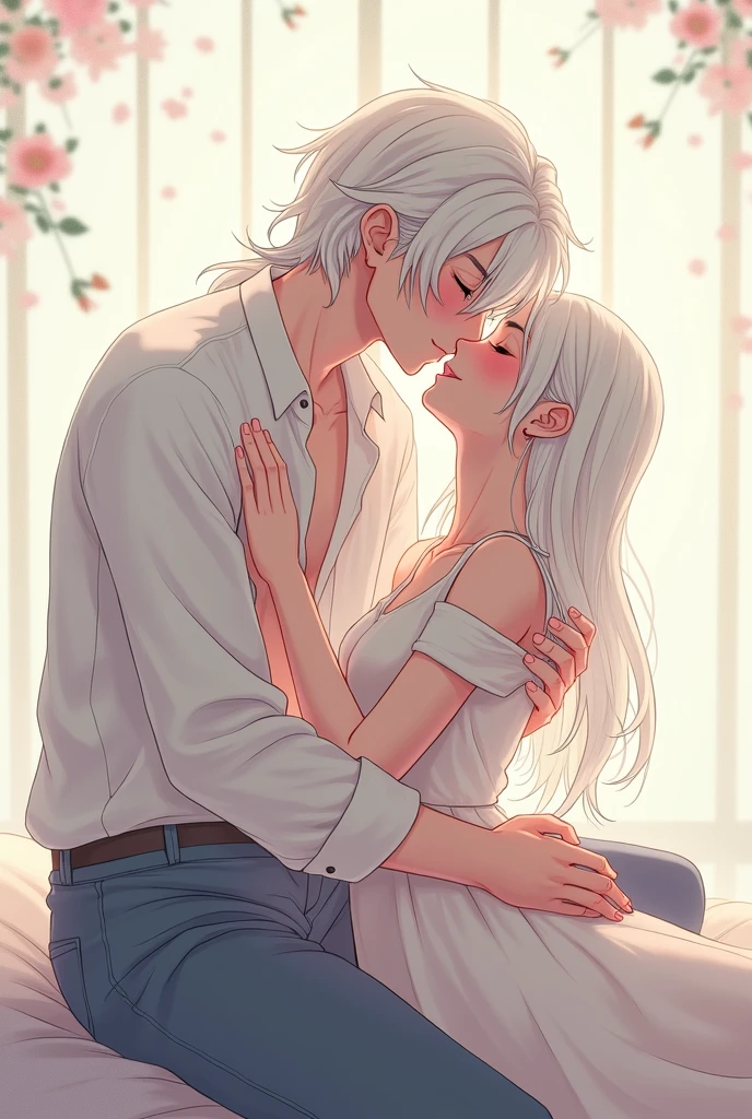 A woman with long white hair, bangs, dark blue eyes, dark gray, gentle face, kind, sweet smile, big breasts, good figure, good figure, about 162 centimeters tall, having sex with a man with anime style.