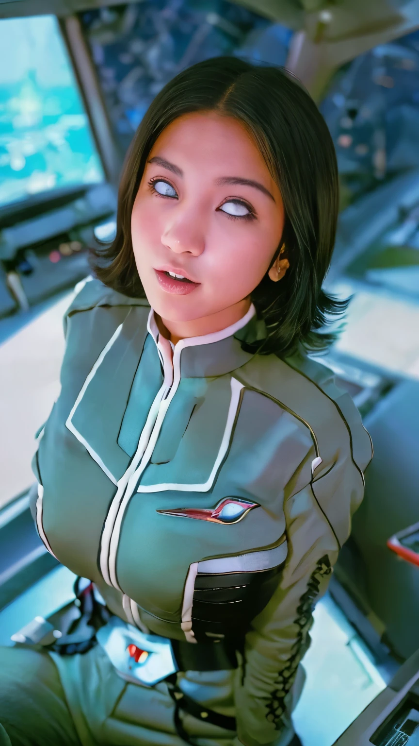 (Best Quality, 8k, 32K, masterpiece, Ultra-high resolution:1.2),Beautiful Japanese Women Photos, 40 years old、Slim figure、(Big Breasts:1.4)、(From above)、(Straight black hair), (One Japanese woman、Sitting in a cockpit on a military base、White of the eyes:2.8、Open your mouth and look straight up), (((Ultra Guard uniform and pants)))