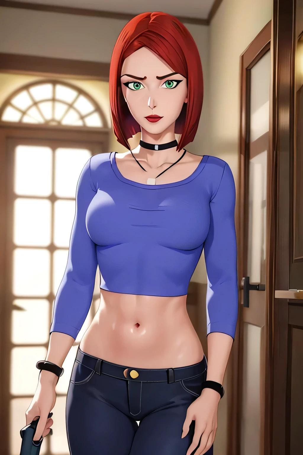 super fine illustration, vibrant colors, masterpiece, sharp focus, best quality, depth of field, looking down, cinematic lighting, ultra detailed, solo, 1girl, bellybutton, navel, tummy, choker, jewelry, necklace, black choker, blue shirt, crop top, long sleeves, black_pants, jeans, denim, wristband, red hair, short hair, green eyes, makeup, lipstick, red lips, bob cut, lips, mature woman, indoors, small breasts, CARTOON_merry_jane_watson_SMTAS_ownwaifu, www.ownwaifu.com, hips, midriff, slim, slender, annoyed, open mouth, hand on own stomach, blush