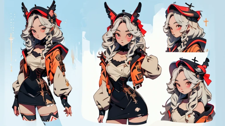 (Character Design Sheet), Multiple poses and expressions, (masterpiece, best quality:1.4), absurdres, highres, ultra detailed, beautiful, (perfect face, detailed face, beautiful:1.3),(natural breasts, cleavage), collarbone, fingerless gloves, jacket, corset, black pencil skirt, tight, over the knee skirt, hat, thighhighs, thick thighs, thighs, multiple belts, More detailed 8K.motor irreal:1.4,UHD,La mejor calidad:1.4, fotorrealista:1.4, textura de la piel:1.4, obra maestra:1.8,obra-prima, mejor calidad, (detailed face features:1.3),(manos detailed)