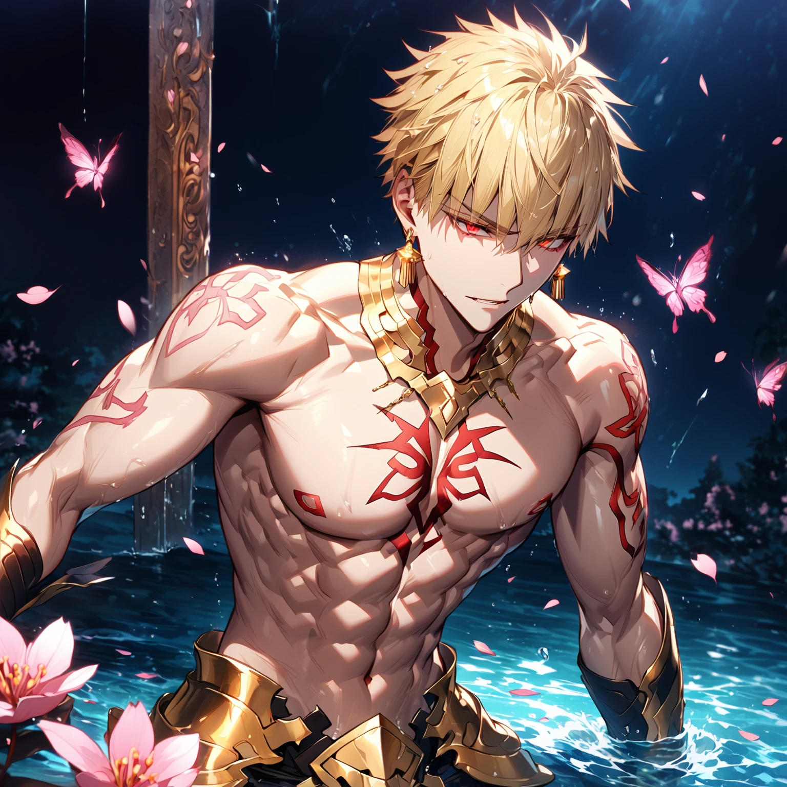 absurdres, highres, ultra detailed, HDR, master piece, best quality, extremely detailed, detailed eyes, detailed face, Gilgamesh, blonde hair, short hair, expressive red eyes, Fate Grand Order, solo, sexy man, handsome, sensual, adult face, toned chest, golden necklace, square golden earrings, red tattoo, fantasy, magical, water, cherry blossoms, pink flowers, pink petals, pink butterflies