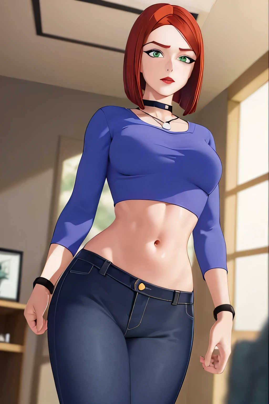 super fine illustration, vibrant colors, masterpiece, sharp focus, best quality, depth of field, looking down, cinematic lighting, ultra detailed, solo, 1girl, bellybutton, navel, tummy, choker, jewelry, necklace, black choker, blue shirt, crop top, long sleeves, black_pants, jeans, denim, wristband, red hair, short hair, green eyes, makeup, bob cut, mature woman, indoors, small breasts, CARTOON_merry_jane_watson_SMTAS_ownwaifu, www.ownwaifu.com, hips, midriff, slim, slender, embarrassed, hand covering mouth, blush