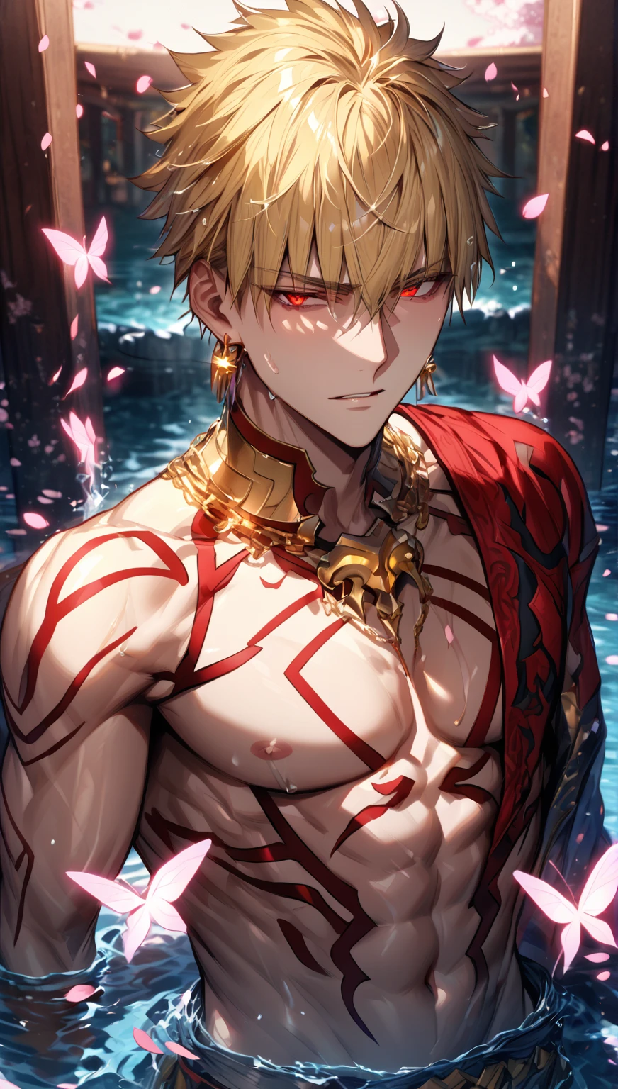 absurdres, highres, ultra detailed, HDR, master piece, best quality, extremely detailed, detailed eyes, detailed face, Gilgamesh, blonde hair, short hair, expressive red eyes, Fate Grand Order, solo, sexy man, handsome, sensual, adult face, toned chest, golden necklace, square golden earrings, red tattoo, fantasy, magical, water, cherry blossoms, pink flowers, pink petals, pink butterflies