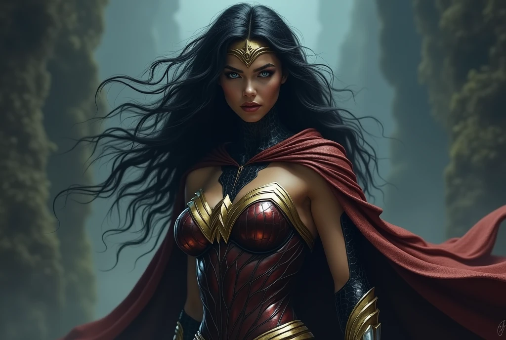 {A photorealistic depiction} of a vampire transformed into the likeness of wonder woman. The scene captures the vampire's body in a full wonder woman suit, complete with the iconic web pattern. However, the vampire's face is twisted into a terrifying and menacing expression, emphasizing its supernatural and frightening nature. The art style should emphasize the realistic rendering of the vampire's transformation, showcasing the details of the Superman costume while creating a horror-inspired portrayal of the vampire's face. The scene is set in a dark and eerie environment, enhancing the unsettling atmosphere. The camera angle captures the vampire in a full-body shot, highlighting both the costume and the horrifying face. The lighting is dim and moody, casting shadows on the vampire's features. The image's resolution should be 4K to showcase the intricate details of the transformation and the unsettling mood.
