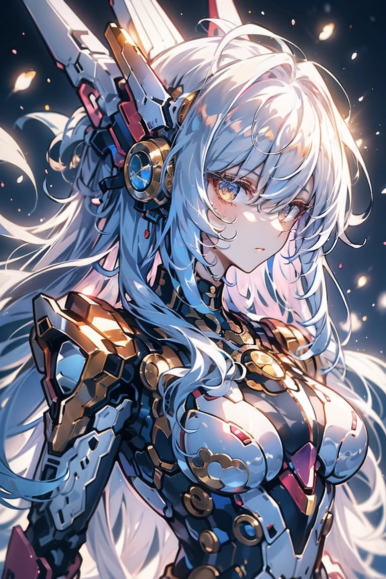 Black mecha skirt，A golden cross printed on the chest，Mecha Girl，whole body(Best quality, Detailed background, high resolution, Ridiculous, bloom, disheveled hair, shiny hair, Exposure to light, High and cold, Focused and meticulous gaze)