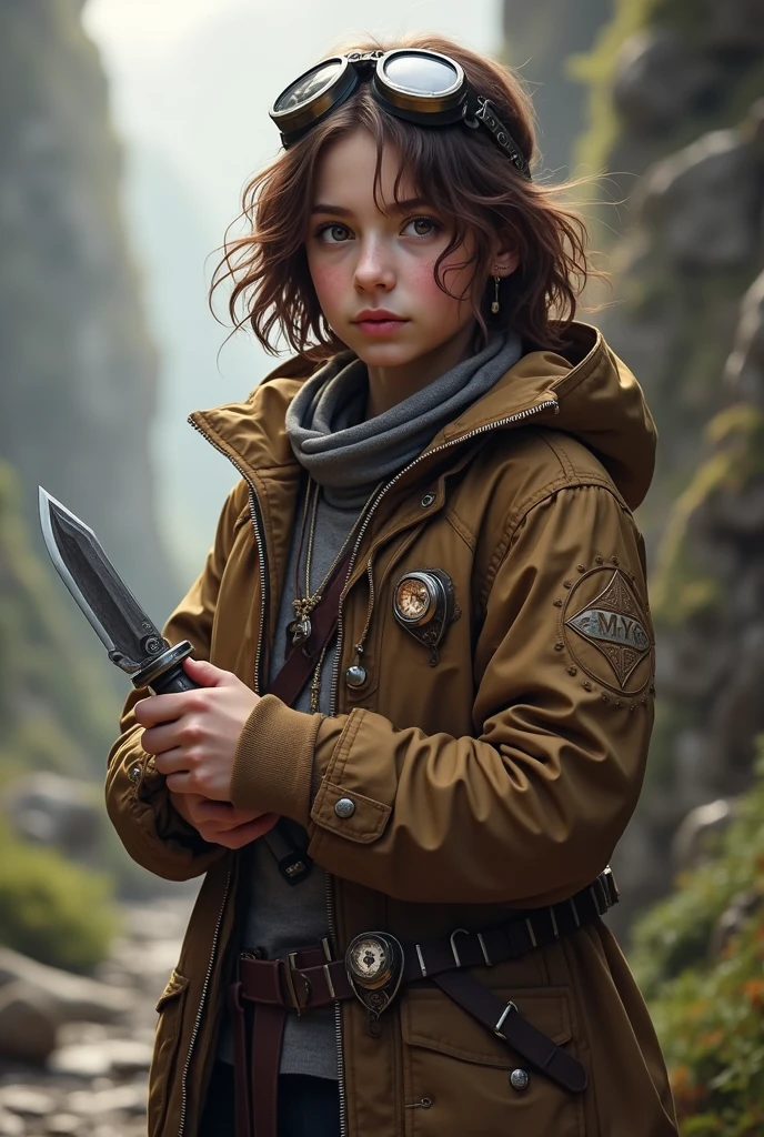 low poly, Highly detailed face, Face scars from ancient battle, 精致的面容, green eyes, 1 lady, fully body, a long halberd downwards with both hands, Hold the halberd anatomically correctly, Brown Bob Hair, , medieval dressing, gazing at viewer, simple color background