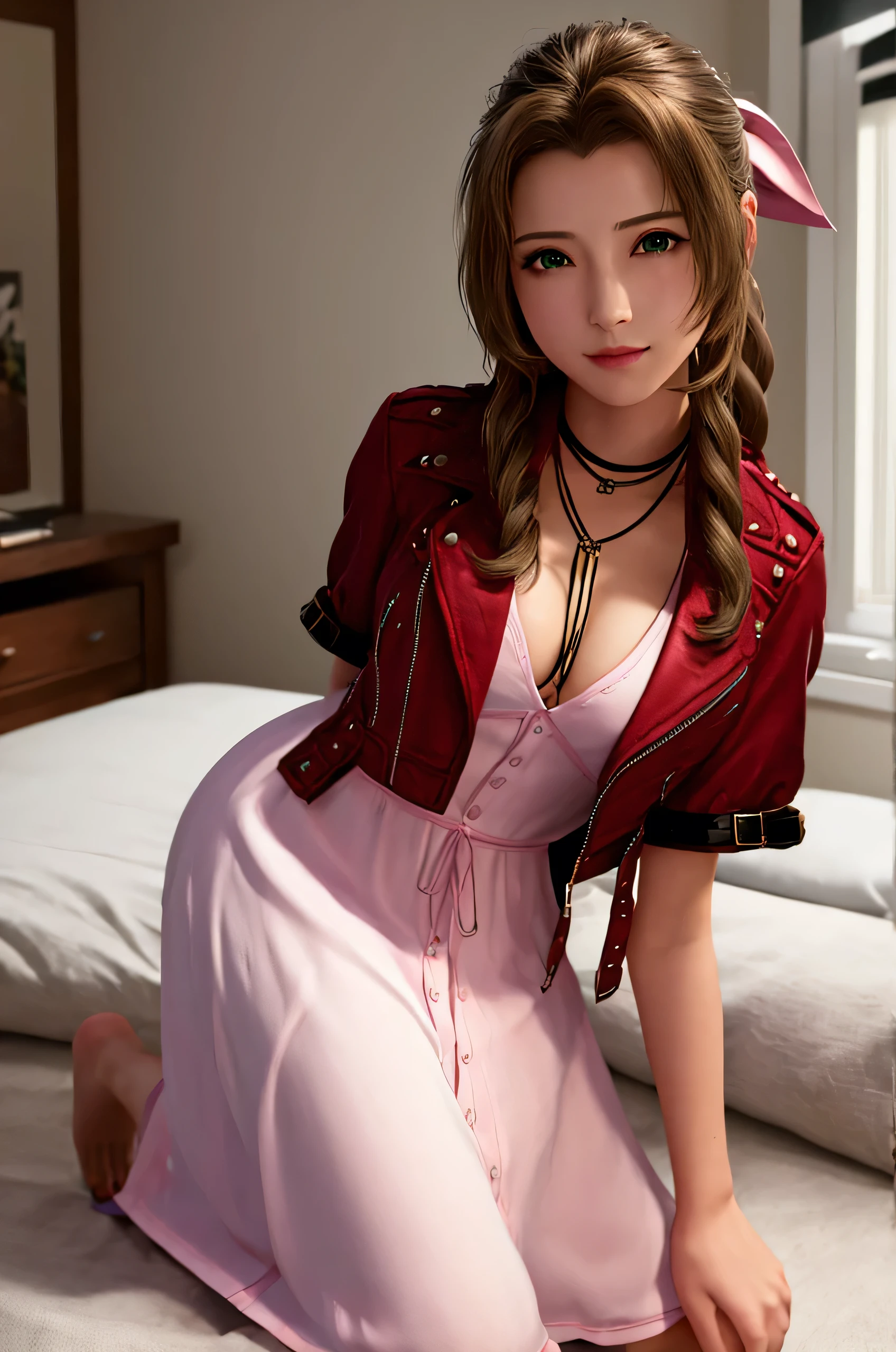 1girl, kneeling on bed, spread legs, skirt lift, show off panty, facing viewer, ff7r style, aerith gainsborough, choker, cropped jacket, short sleeves, hair bow, bracelet, pink dress, long dress, barefoot, medium breasts, smile, BREAK detailed background, bedroom, pillow, BREAK photorealistic, (best quality, masterpiece, UHD, ultra detailed), (beautiful face, shiny skin), (detailed eyes), (perfect anatomy), (professional lighting)