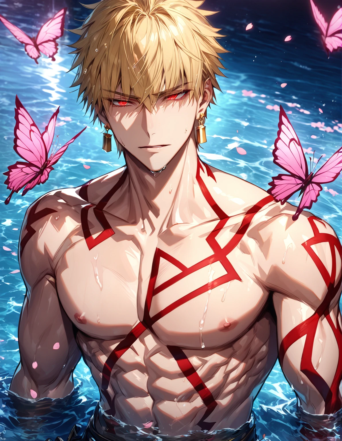 absurdres, highres, ultra detailed, HDR, master piece, best quality, extremely detailed, detailed eyes, detailed face, Gilgamesh, blonde hair, short hair, expressive red eyes, Fate Grand Order, solo, sexy man, handsome, sensual, adult face, toned chest, golden necklace, square golden earrings, red tattoo, fantasy, magical, water, cherry blossoms, pink flowers, pink petals, pink butterflies