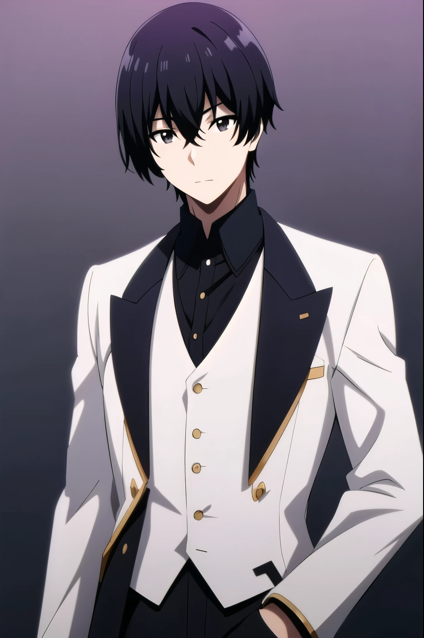 1boy, solo, male focus, looking at viewer, upper body, cid_kagenou, black hair, black eyes, hair between eyes, formal clothes, upper body, standing, gradient background, simple background, ((masterpiece)), best quality, high detailed illustration, high detailed background, hi-res