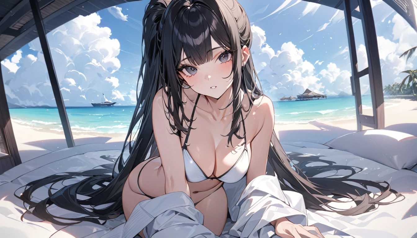 ((masterpiece、4k、8k、highest quality: 1.3、perfect fingers: 1.3、perfect anatomy: 1.3、background blur))、((: 1.5))、((droopy eyes: 1.3、straight long hair、sexy) Maid style swimsuit:1.5、Slender beautiful girl))、(lying down with legs stretched out、Angle to shoot from the side、happy smile、、blue sky、White sand beach)、