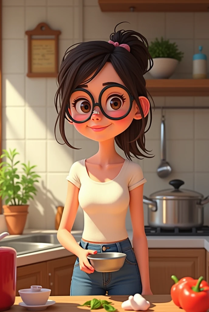 A town young big girl with specs and tied hair in a ponytail wearing tshirt and mini skirt. She hold a jar filled with water in kitchen