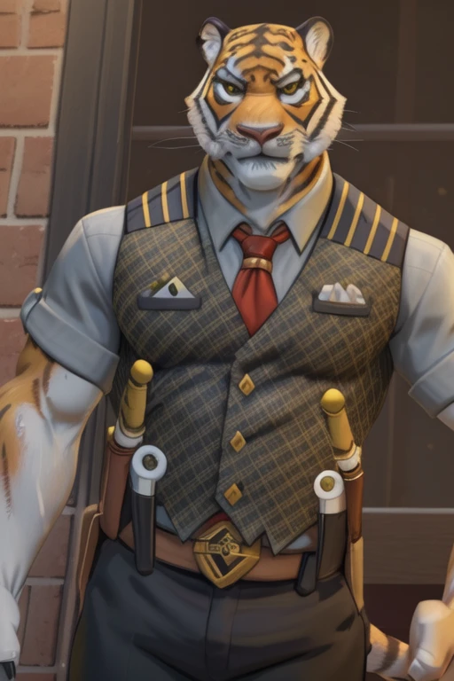 Oscar, Yellow eyes, muscle shirt, looking at the viewer, smiling, tiger tail,(pin up), (pose), (soft shaded), 4k, anything, ((detailed face, detailed)), por Zackary911, by zaush, (by personal:0.5), shirt, vest, short sleeves, Black trouser belt,