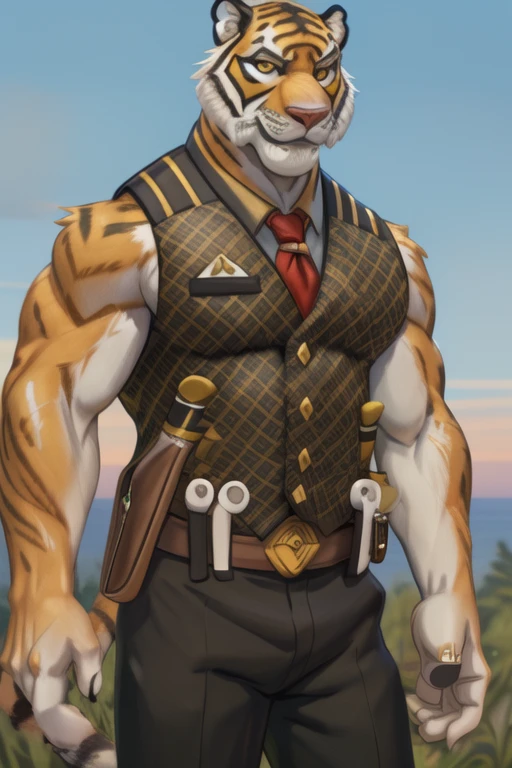 Oscar, Yellow eyes, muscle shirt, looking at the viewer, smiling, tiger tail,(pin up), (pose), (soft shaded), 4k, anything, ((detailed face, detailed)), por Zackary911, by zaush, (by personal:0.5), shirt, vest, short sleeves, Black trouser belt,