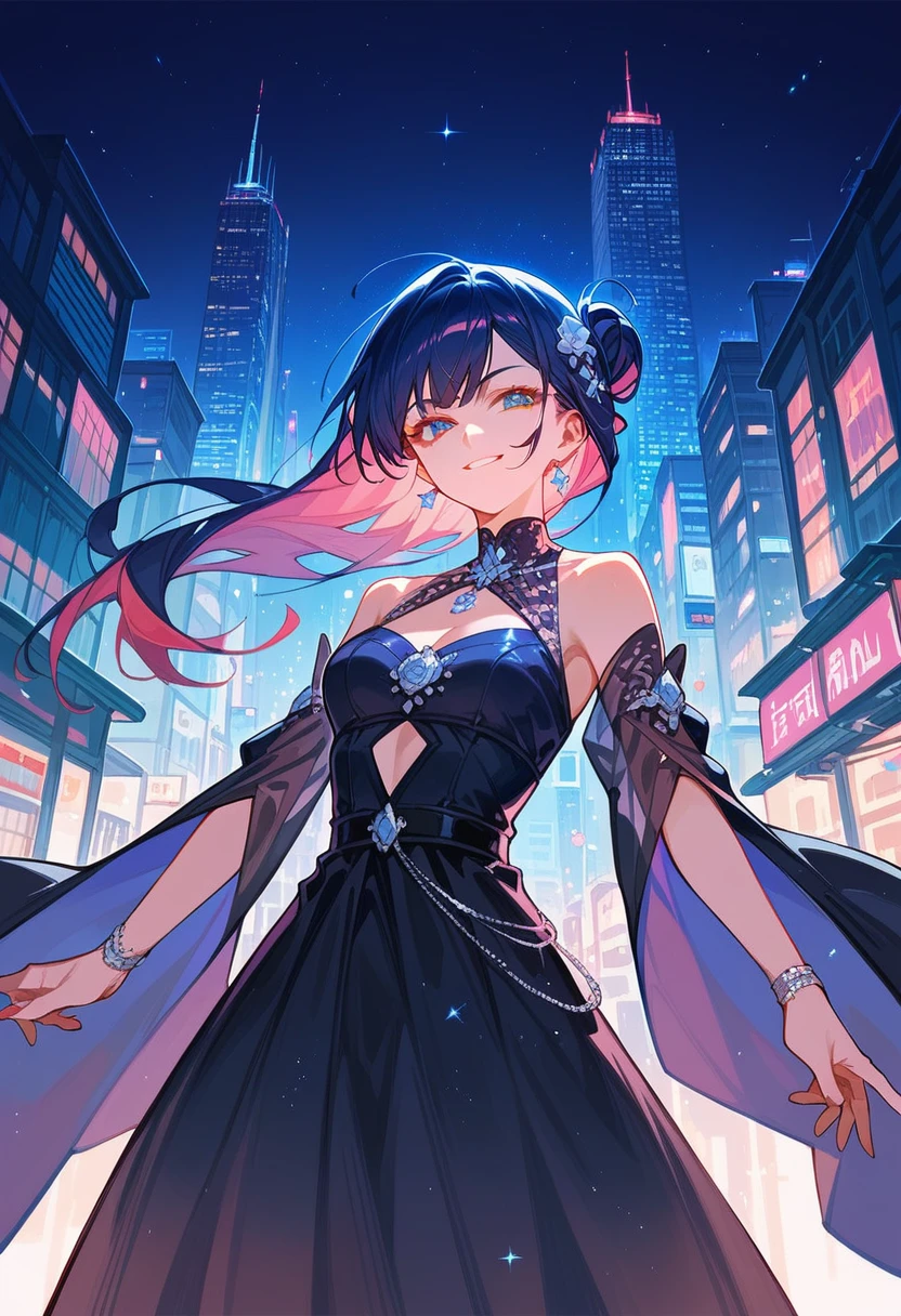 score_9,score_8_up,score_7_up, anime art style, beautiful city, dark night, 1girl, beautiful girl, fashionable clothes, stylish pose, high ego smirk, highly detailed, highest resolution