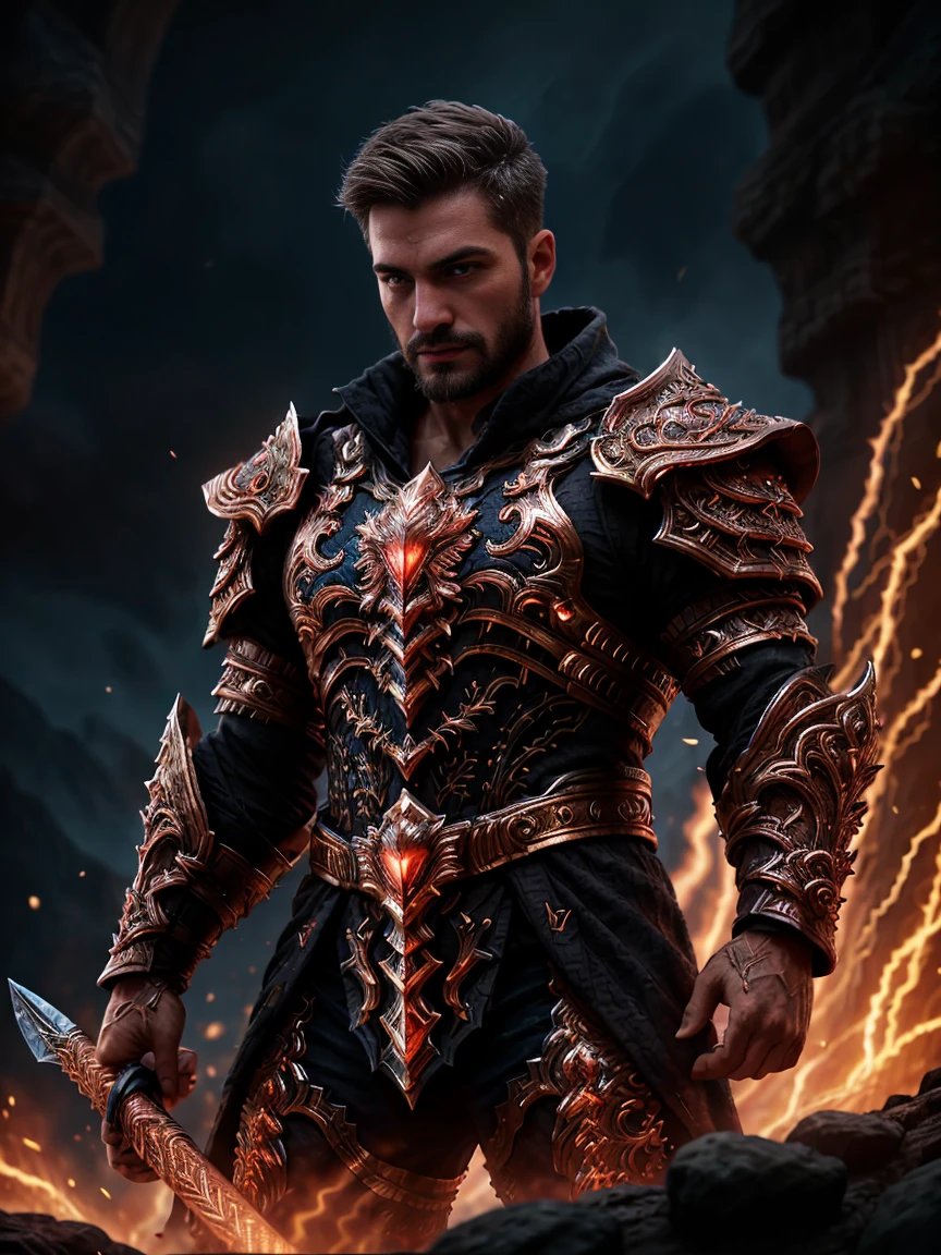 1man, A shot of a muscle wizard, 30 years old，small beard, Sexy and charming expression，gloomy eyes，Blue eyes, emb3r4rmor, shirtless, wearing embers greaves, dynamic pose, with red radiant light, His hands emanate a powerful magic of fire. The scene is set in a dark and mysterious cityscape, bloodborne, illuminated by the glow of the paladin's sword. The composition is expertly crafted, with breathtaking attention to detail and cinematic lighting. The overall aesthetic is reminiscent of Fujifilm photography, capturing the beauty and depth of the scene