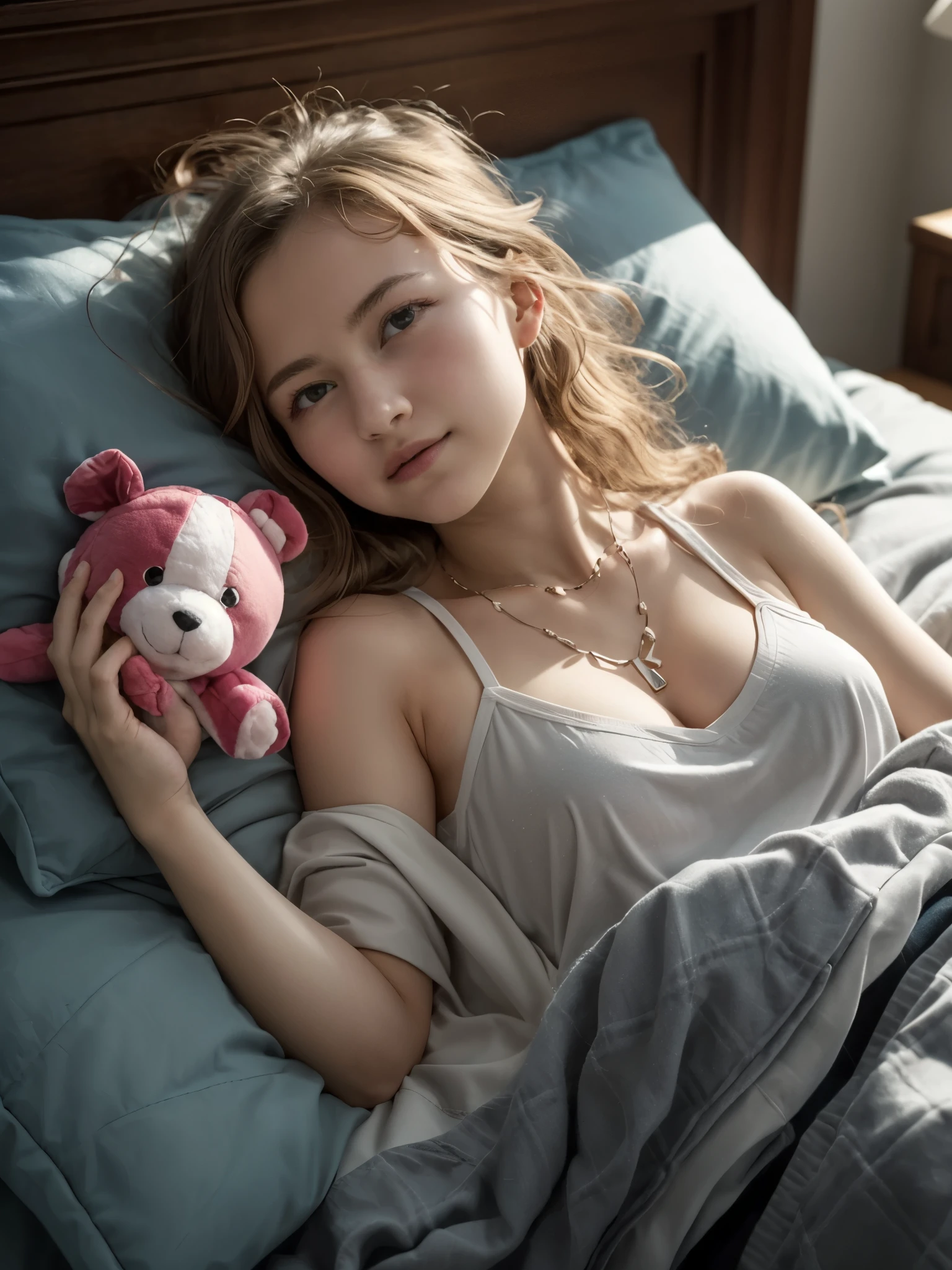 girl lying on bed, BREAK, girl, lying on bed, head on plushy pillow, detailed face, looking at viewer, messy hair, shoulder, (****, cute:1.8), (breasts:1.2), delicate necklace, blanket, beautiful, sensual, long straight platinum hair,