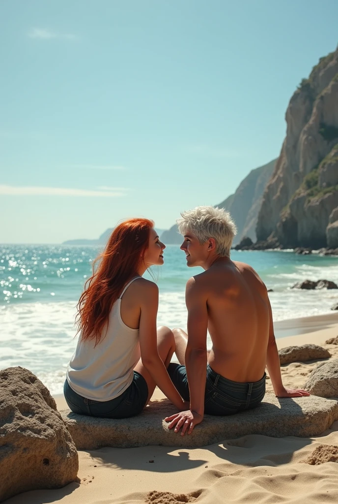 Red haired on the beach, barefoot, in jeans, Sexy skinny woman. Woman with blonde wavy hair lying in front of her, woman in grey sweatpants. Redhead woman touches her foot to woman lying on the ground. 