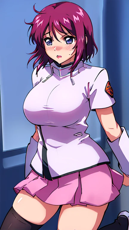 masterpiece,top-quality,source_anime,best quality, clear face,lunamaria hawke,heroine of gundam seed destiny,1girl,solo,magenta hair,short hair,ahoge,indigo eyes,large breasts, perfect body,beauty,very huge breasts,narrow waist,bust size is 130cm over,sexy,soaked,seductive anime girl, oppai,biomechanical oppai,oppai proportions,Both hands are tied behind their backs and restrained,chikubi,Completely naked,not wearing clothes,naked,put both hands behind her back,zenra,shiny breasts,beautiful nipples,well-shaped breasts,prison,Breast milk,Moaning,Sensual,crying,Breasts I want to squeeze