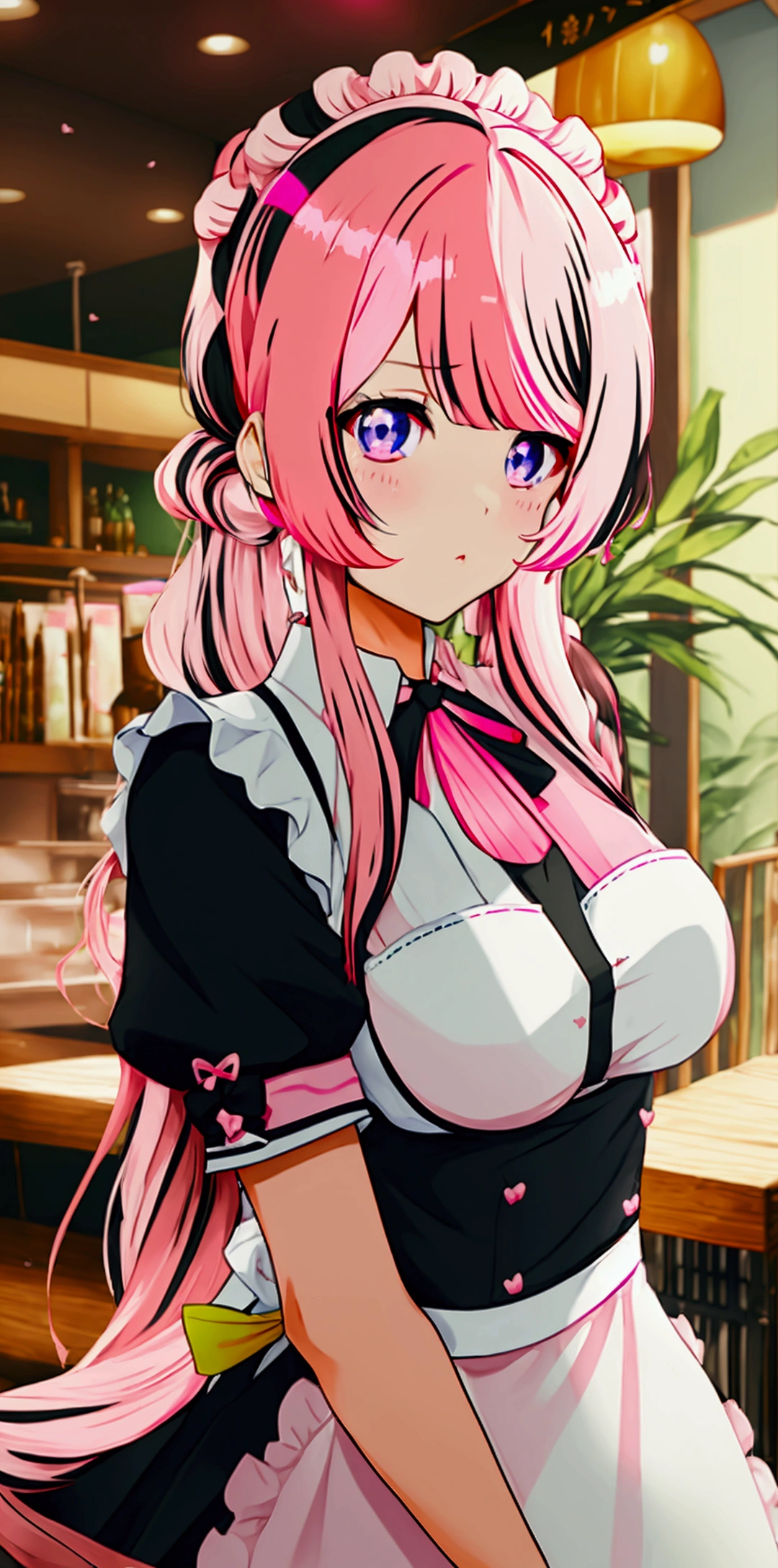 TachibanaHinano, long hair, medium breasts, (split-color hair, black hair, pink hair:1.3), blue eyes,Maid uniform,cafe,