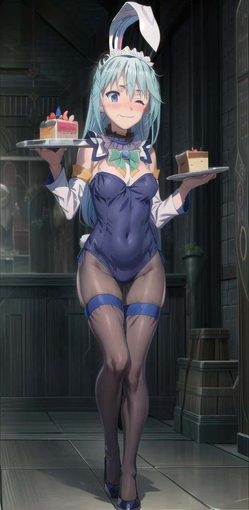 work of art, best quality, Alone, 1 , Chisato Nishikigi, looking at the viewer, light smile, mouth closed, Blush, embarrassed, medium breasts, playboy bunny, Bunny ears, black pantyhose, red bow tie, wrist cuffs, collant preto, tray retention, cake, beer, beer, Standing, bar , full body((goddess Aqua of Konuba)) dressed as a maid 