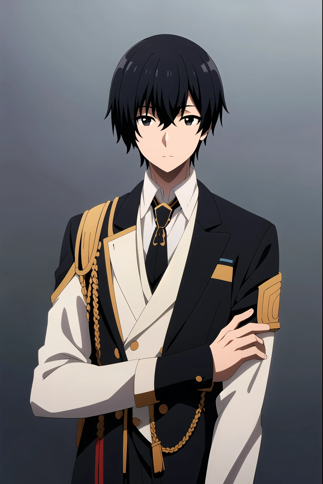 1boy, solo, male focus, looking at viewer, upper body, cid_kagenou, black hair, black eyes, hair between eyes, formal clothes, upper body, standing, gradient background, simple background, ((masterpiece)), best quality, high detailed illustration, high detailed background, hi-res