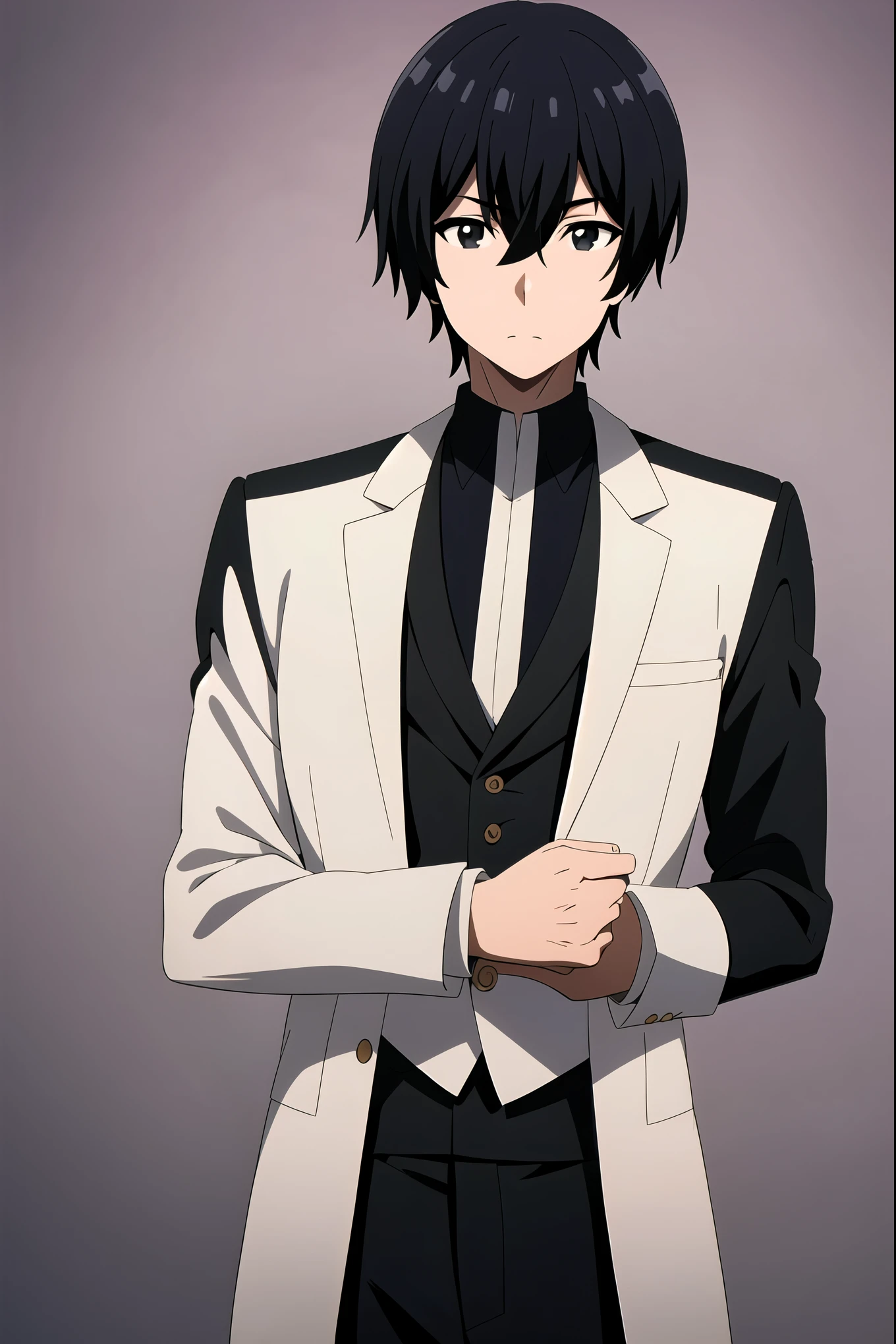 1boy, solo, male focus, looking at viewer, upper body, cid_kagenou, black hair, black eyes, hair between eyes, formal clothes, upper body, standing, gradient background, simple background, ((masterpiece)), best quality, high detailed illustration, high detailed background, hi-res