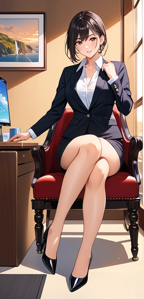 Open legs,Publicly available image, reception desk, Front Office Associate, group photo, woman on phone, very obscene legs,Shiny legs with body oil, very obscene thighs, very sexual body, white shirt, wearing tight, long skirt, black suit