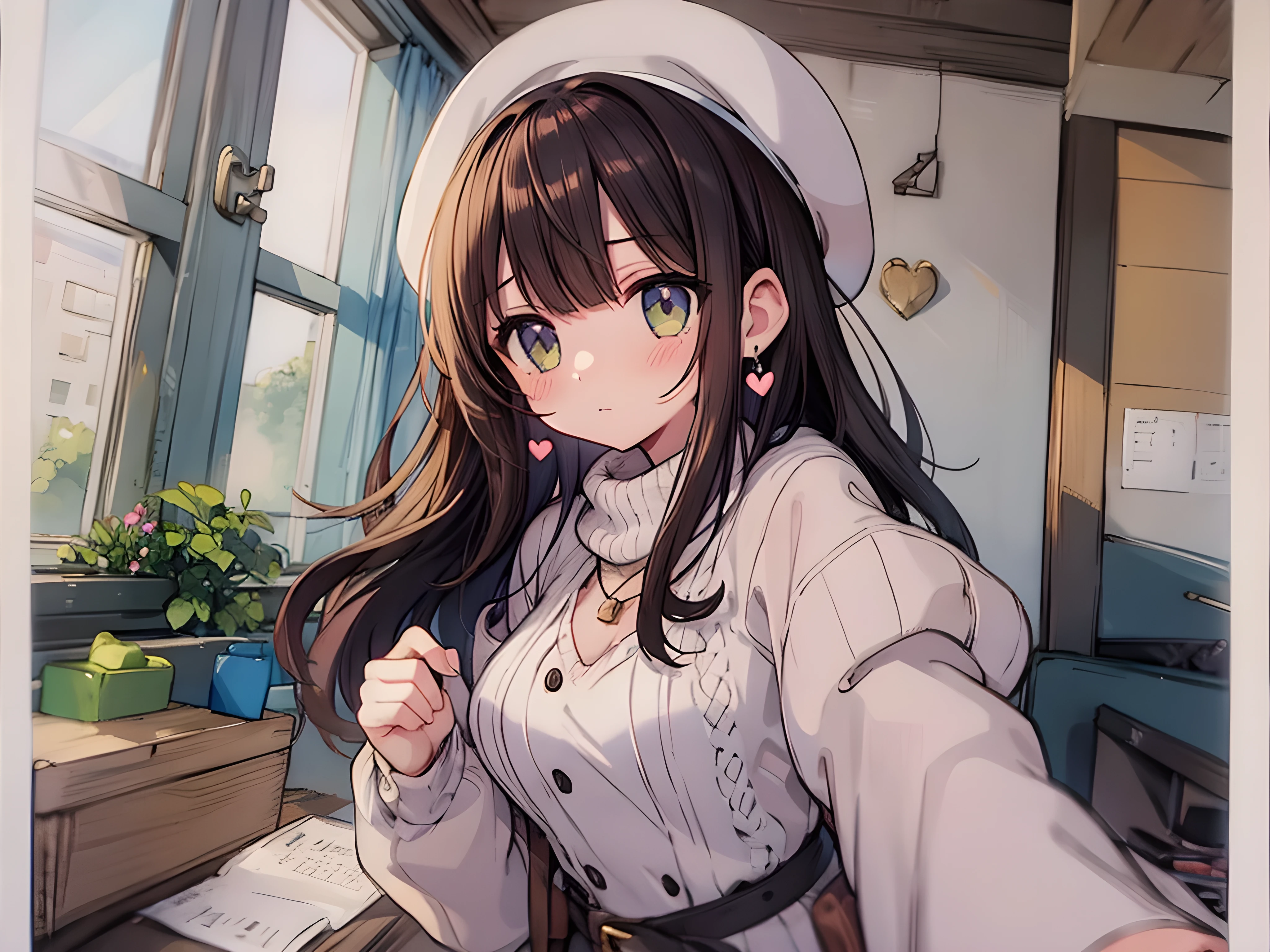 ((best quality, high resolution)), (delicate illustration), (pastel color), ((beautiful illustration:1.3)), 4k, (SNS), (instagram), (selfie), (followers comments), 1woman,blush, medium breasts, brown hair, blunt bangs hime cut, earrings, necklace, ((Wool coat over a knit dress, accessorized with a beret and ankle boots.)), ((cowboy shot)), spoken hearts,