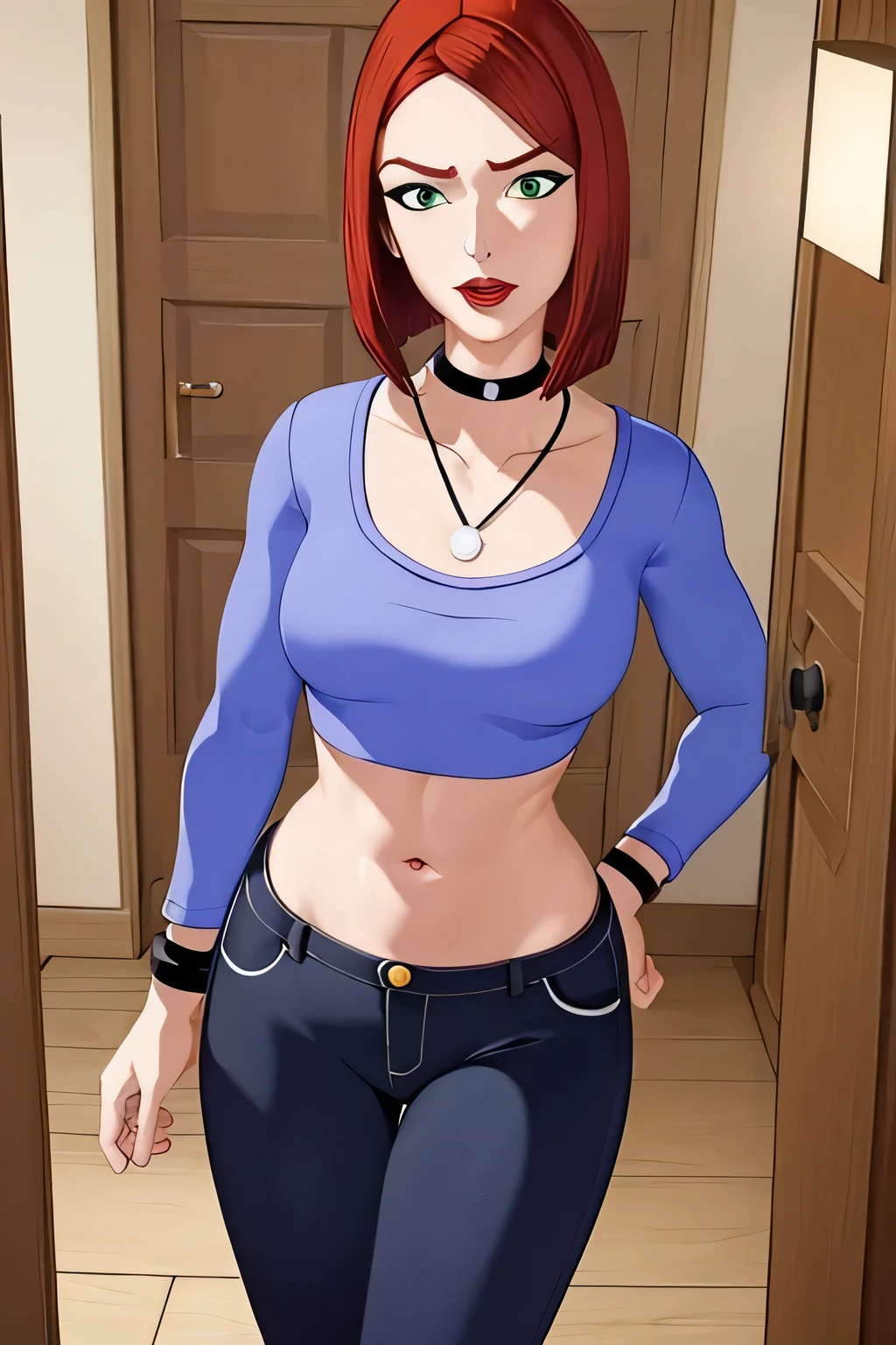 super fine illustration, vibrant colors, masterpiece, sharp focus, best quality, depth of field, looking down, cinematic lighting, ultra detailed, solo, 1girl, bellybutton, navel, tummy, choker, jewelry, necklace, black choker, blue shirt, crop top, long sleeves, black_pants, jeans, denim, wristband, red hair, short hair, green eyes, makeup, lipstick, red lips, bob cut, lips, mature woman, indoors, small breasts, CARTOON_merry_jane_watson_SMTAS_ownwaifu, www.ownwaifu.com, hips, midriff, slim, slender, annoyed, open mouth, hand on own stomach, blush, upper teeth