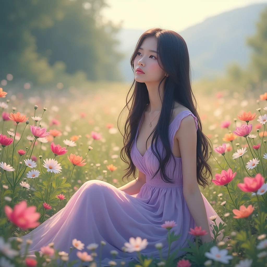 asian woman with Long hair, wearing long skirt, floral blanket in a field of Hydrangea flowers, warm sun.