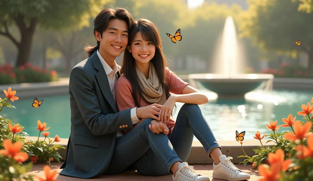 (Highest quality,4K,8k,High resolution,masterpiece:1.2),Very detailed,(Realistic,photoRealistic,photo-Realistic:1.37),Couple sitting under a tree,Laughter,Romantic atmosphere,Happy atmosphere,landscape,figure,Soft colors,Natural light,Breeze,Leafy branches,Sunlight Filter,transparent flower petals,Birds chirping,Grass,Flowers Bloom,Vibrant colors,Magic in the air,Happiness in their eyes,Casual clothing,Hand in hand,A kind smile,Starry Sky,moonlight,Peaceful and serene,Tranquility,Fun and carefree time,Love and togetherness.