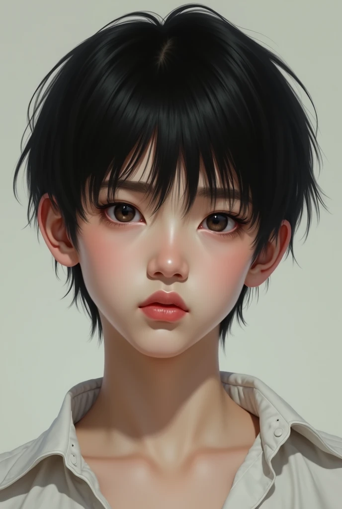 Boy with Chinese slanted eyes, the hair and black, a mole next to the nose, thin lips and sunken chin
