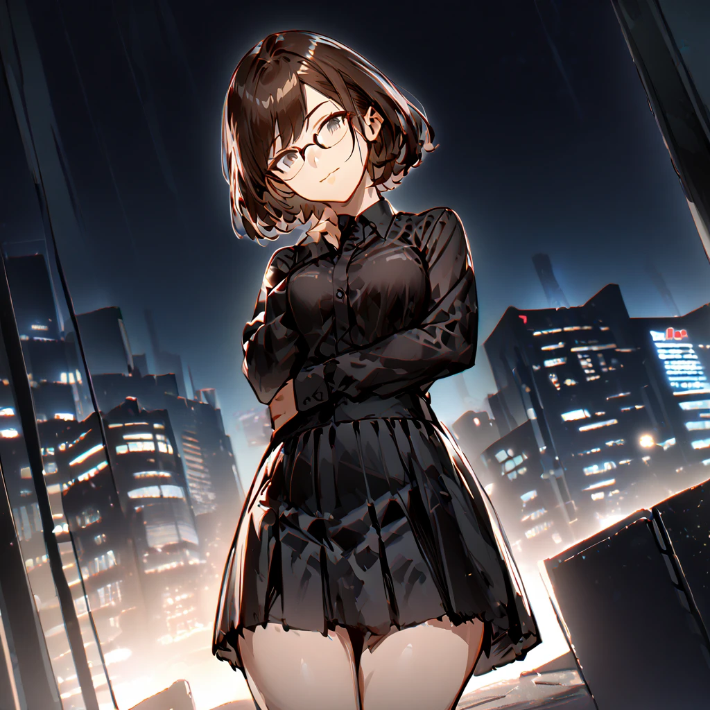 1 girl, short hair, glasses, black clothes, skirt, light smile, city at night, female pose, light smile, Lights, High Quality 