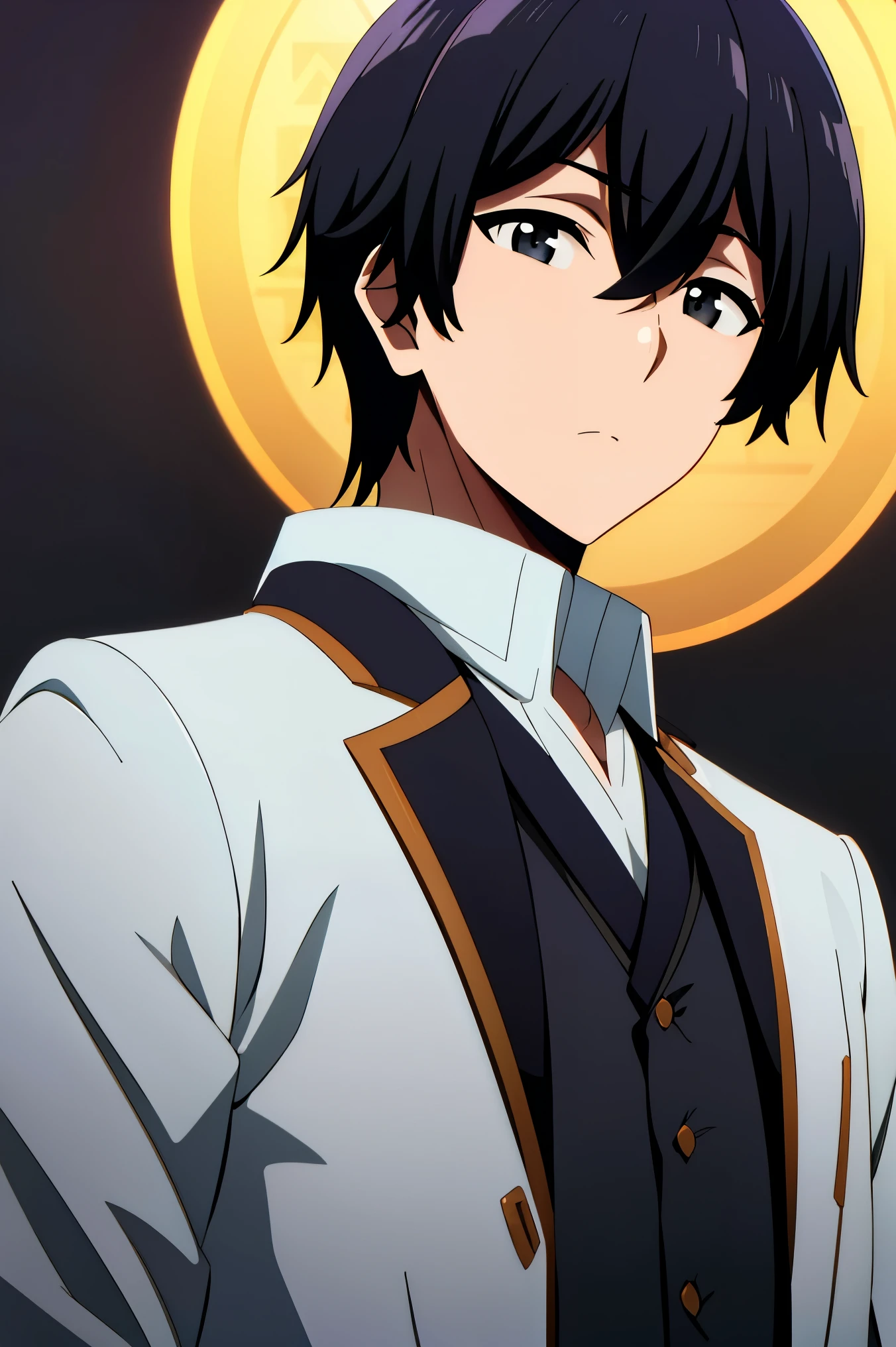 1boy, solo, male focus, looking at viewer, upper body, cid_kagenou, black hair, black eyes, hair between eyes, formal clothes, upper body, standing, gradient background, simple background, ((masterpiece)), best quality, high detailed illustration, high detailed background, hi-res