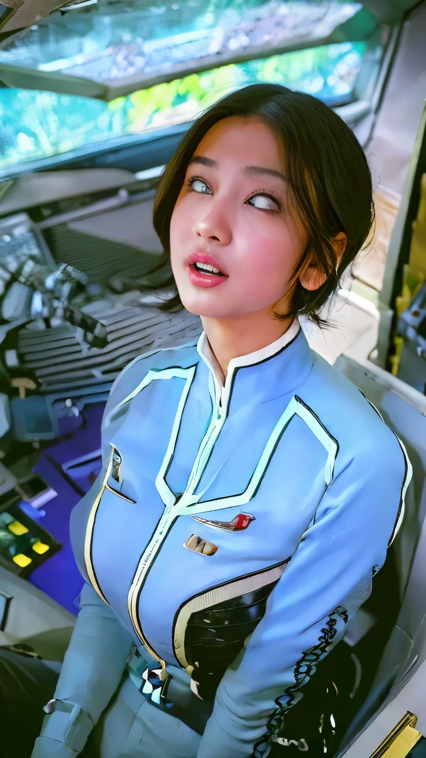 (Best Quality, 8k, 32K, masterpiece, Ultra-high resolution:1.2),Beautiful Japanese Women Photos, 40 years old、Slim figure、(Big Breasts:1.4)、(From above)、(Straight black hair), (One Japanese woman、Sitting in a cockpit on a military base、White Eyes:2.8、Open your mouth and look straight up), (((Ultra Guard uniform and pants)))