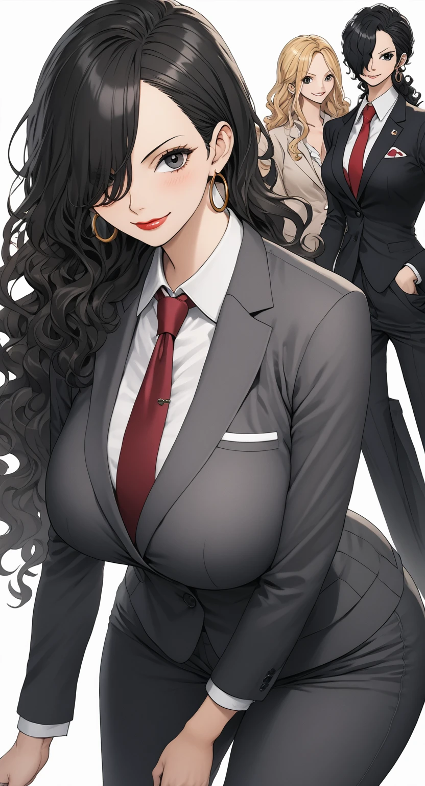 ((masterpiece)), ((high quality)),((ultra-detailed)), ((extremely detailed)),4K,8K, (character portrait), (((one piece))), (((pants suit))), office lady, black slim fit pants, (black skin tight office suits), pinstripe pants suit, white collared shirt, red necktie, 2, a beautiful woman, very tall woman with great style, female mafia-boss, perfect big breasts, perfect big breasts, plump ass, slender body, 1girl, (((solo))), long curly hair, black hair, black pupils, hair over one eye, perfect hands, perfect face, perfect eyes, perfect body, perfect legs, red lips, smile, red shiny pumps, front view, beautiful legs, (white plain background),suit, pants, hair over one eye, black hair, hoop earrings, ,suit, pants, necktie, onepiecestyle,black eyes, black hair, hoop earrings, long hair,