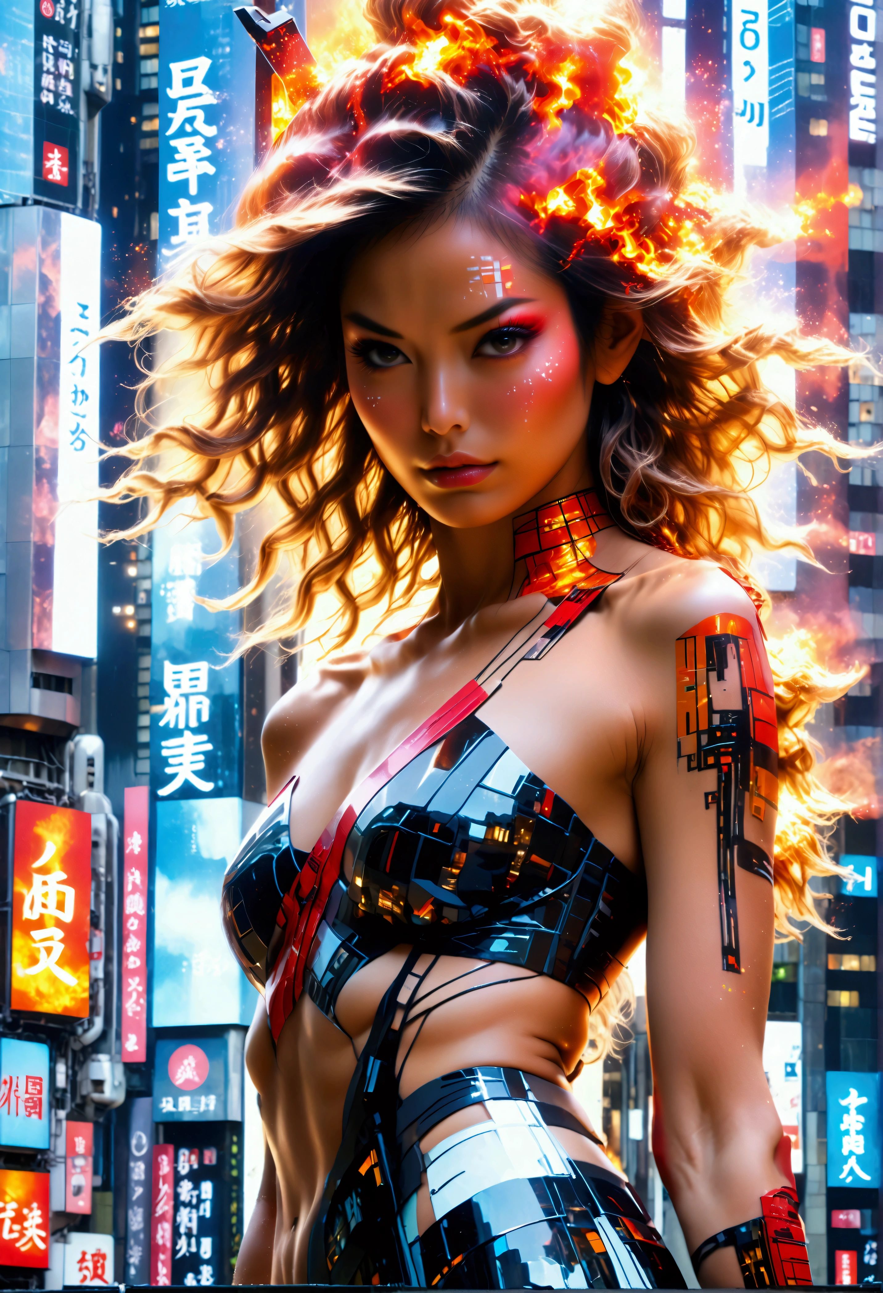 In a vibrant Tokyo cityscape, a stunning Japanese supermodel stands projected onto the facade of a sleek office building sign. She wears a tantalizing micro bikini that accentuates her curvaceous figure, as if stepping out of a futuristic sci-fi novel. The sun shines bright on this beautiful day, casting a warm glow on her porcelain skin and fiery locks. Framed by towering skyscrapers, the 3D projection radiates in crystal-clear 8K resolution, showcasing every hyperdetailed aspect of the supermodel's flawless visage.