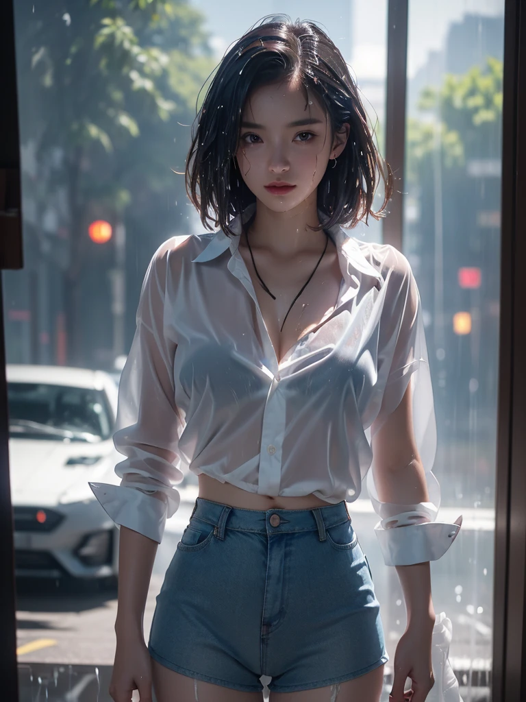 (8k, top quality, masterpiece: 1.2), (realistic, photorealistic: 1.37), super detailed, soft light, one girl, cute, alone, beautiful detailed sky, detailed café, open window, sitting, dating, blush, (smile: 1.15), (mouth closed), small, fine eyes, fine nose, rain, (short hair: 1.5), floating hair NovaFrogStyle((Relaxed pose)), , visible, ((relaxed pose)), silver hair, unkempt hair, narrow eyes, thin eyebrows, mature full shot body, ((collared shirt, lace, transparent shirt, shorts)), dark studio, rim lighting, ((outside rain, wet skin, wet window, wet shirt, wet hair, wet window)), blue light, long legs, [black lace underwear],