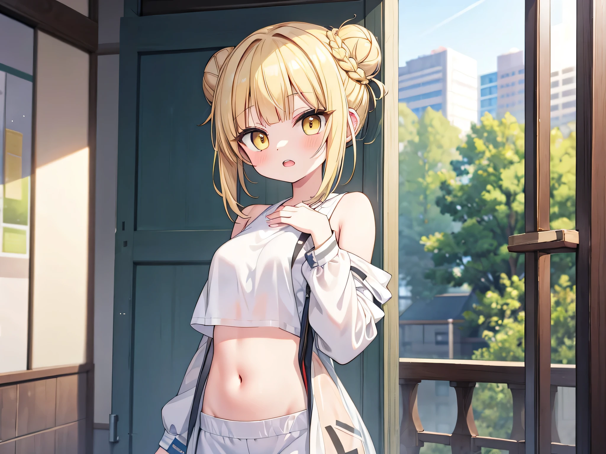 2D, 8k, highres, masterpiece, super fine illustration, photo background, insanely detailed, blurry background, depth of field, natural light, soft lighting, perfect fingers, nice hands, perfect hands, good hands, BREAK toga himiko, 1girl, solo, looking_at_viewer, open_mouth, bangs, blonde hair, shirt, long_sleeves, navel, white_shirt, upper_body, parted_lips, teeth, midriff, outdoors, stomach, hair_bun, yellow eyes, lips, crop_top, see-through, double_bun, print_shirt, concrete wall, hand on own hand on own chest, one side off shoulder,
