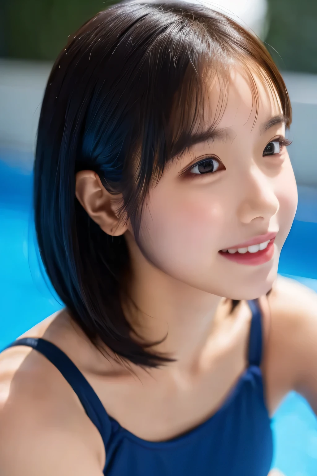 (Beautiful girl sitting:1.5), (smile:1.3), (Navy blue one-piece swimsuit for school:1.3), (Best Quality:1.4), (Highly detailed and realistic skin:1.3), (Very detailedな髪と顔), Very detailed, Short Hair, (Child body type:1.3), (Flat Chest:1.3), (Skinny body type:1.4), (Flat Butt:1.4), (Thin legs:1.5), (Face close-up:1.8), School poolside, (Side angle:1.2), Smooth, Very detailed CG synthesis 8k wallpaper, High-resolution RAW color photos, Professional photography, Light, BackLight, Dreamy, Impressive, Written boundary depth