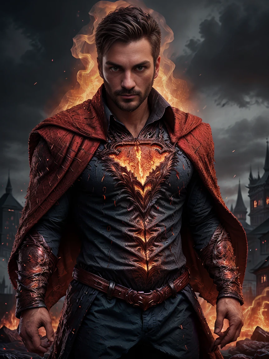 1man, A shot of a male fitness model, 30 years old，small beard, Sexy and charming expression，gloomy eyes，Blue eyes, emb3r4rmor, dressed in a burned Superman suit, a embers, glowing, burning red cape falls behind his shoulders, and he wears red boot, dynamic pose, with red radiant light, His hands emanate a powerful magic of fire. The scene is set in a dark and mysterious cityscape, bloodborne. The composition is expertly crafted, with breathtaking attention to detail and cinematic lighting. The overall aesthetic is reminiscent of Fujifilm photography, capturing the beauty and depth of the scene