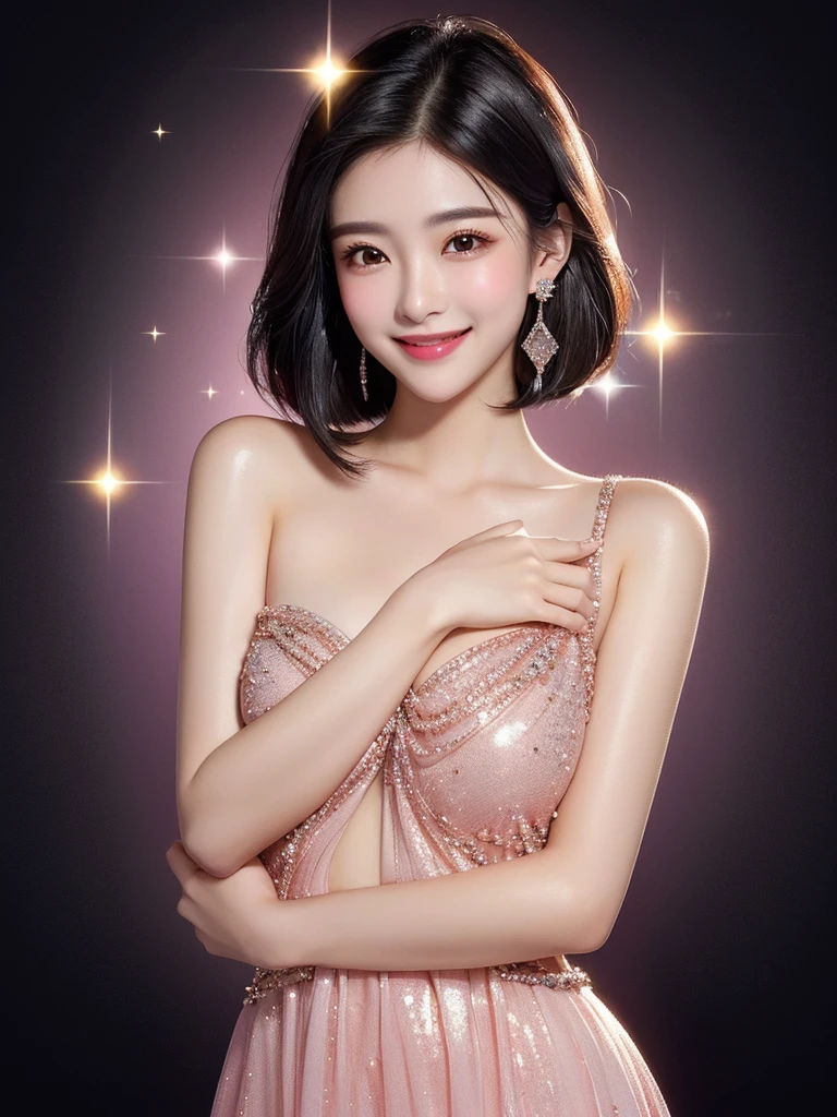 8K, masutepiece, Raw photo, Best Quality, Photorealistic, Highly detailed CG Unity 8k wallpaper, depth of fields, Cinematic Light, Lens Flare, Ray tracing, (Extremely beautiful face, Beautiful lips, Beautiful eyes), intricate detail face, ((Ultra detailed skin)) 1girl in, In the Dark, deepshadow, Pretty Korean girl, Kpop Idol, 1 girl, (Very slim and slender fit muscular body:1.3), ((Looking at Viewer)),(Big smile:1.3), (Fashion City Night, a dark night), (Neon sign), (Blurred background),(No people in the background:1.3), pantyhose, Clear eyes, (pale skin), (Big eyes), Face forward, (Brown hairs), (Full body shot), ((Silk pink Color Dress:1.3)), ((tight fit dresses)), ((laced dress)), (Looking at Viewer:1.3), opened breast, Very slim, medium breasts, Before the eyebrows,(Tight Dress), thick thighs, ((I can see her cleavage)),D cup breasts,barefoot, stting on a desk, Hands clasped above head, ((forward leaning posture)),((Sleeping position on the bed))