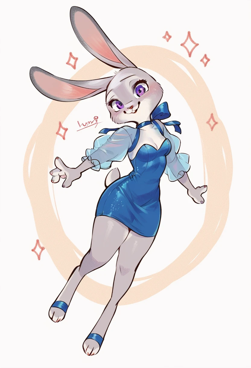 Judy_Hopps, rabbit girl, gray fur, purple eyes, rabbit ears, rabbit tail, blue dress