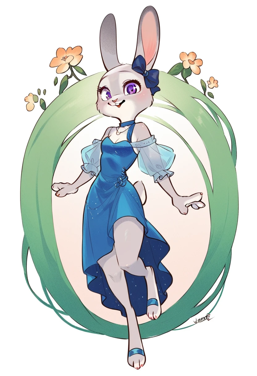 Judy_Hopps, rabbit girl, gray fur, purple eyes, rabbit ears, rabbit tail, blue dress