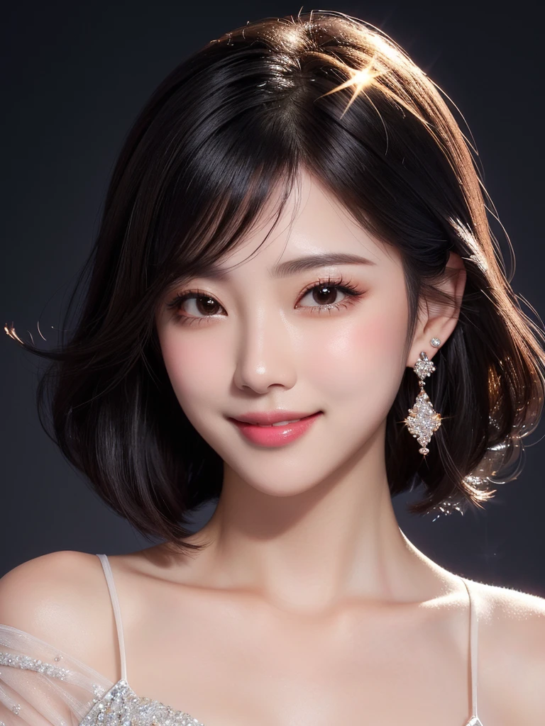 masterpiece、best quality、high resolution、wallpaper、Practical、Bright Lights、Professional lighting、Soft lighting、Japanese women、30 years old、aldult、Beautiful woman、action、Gravure printing、Sexy、so beautiful、Beautiful skin、Exquisite、Delicate face、Slim、short hair、Black Hair、Double eyelids、big eyes、Brown eyes、Long eyelashes、Thin lips、Blink、Diamond Earrings、Light makeup、clavicle、Off-shoulder、mini skirt、美しいclavicle、Beautiful thighs、Lying in bed、outdoor、Smile、White transparent pajamas