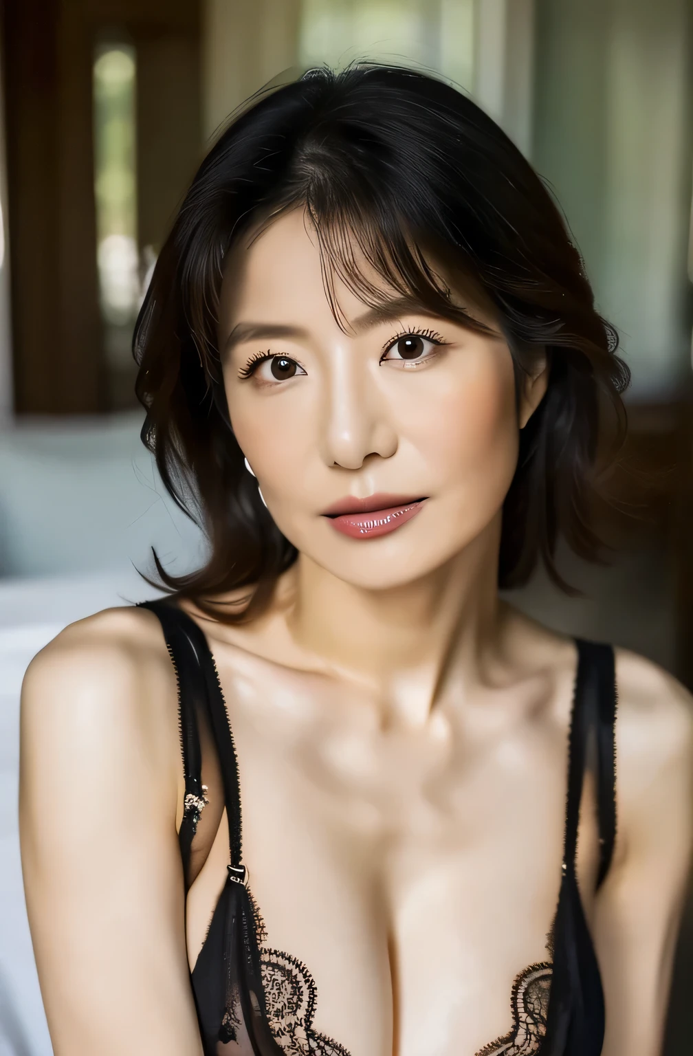 (Best Quality,16k,masterpiece),Anatomically correct,
Very beautiful Japanese model,Mature Woman,Lip gloss,Makeup,
Big Breasts,
Black see-through lingerie,