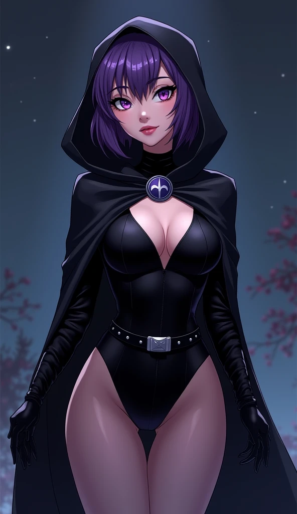 1girl, raven, black leotard, black cape, hood, purple hair, forehead jewel, purple eyes, short hair, belt, skin tight, standing, cleavage, toned, breasts, pose, night, moonlight, ((posing)), motion lines, torso, upper body, portrait, b&w. outline, reduced palette, minimal color range