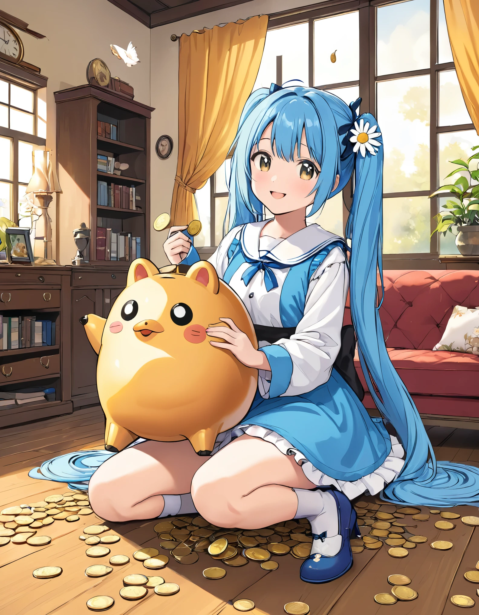 Anime girl holding a big Totoro piggy bank with coins, Light blue long hair、Cute girl with twin tails, Cute Costumes、A bright living room decorated with daisies that let in sunlight、Coin shower、Bright smile、Coins flying in the air